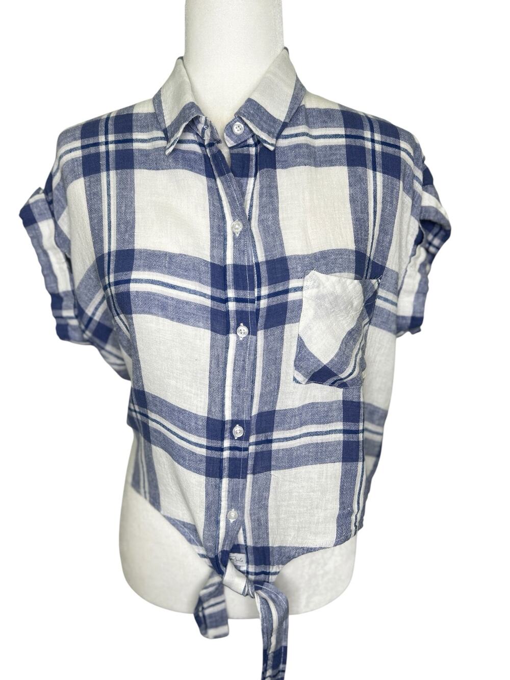 Rails Amelie Blue White Plaid Linen Blend Short Sleeve Cropped Tie Front Blouse